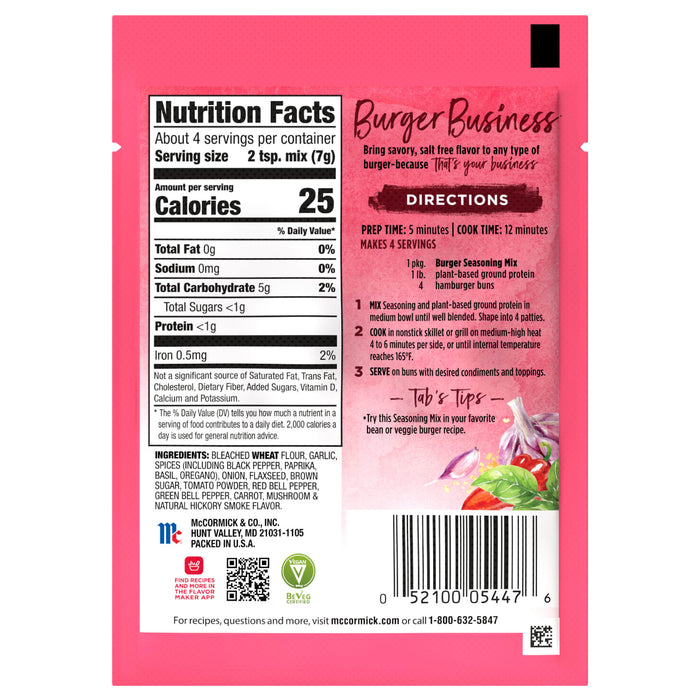 ['McCormick Burger Business Seasoning Mix package with nutrition facts and directions.']