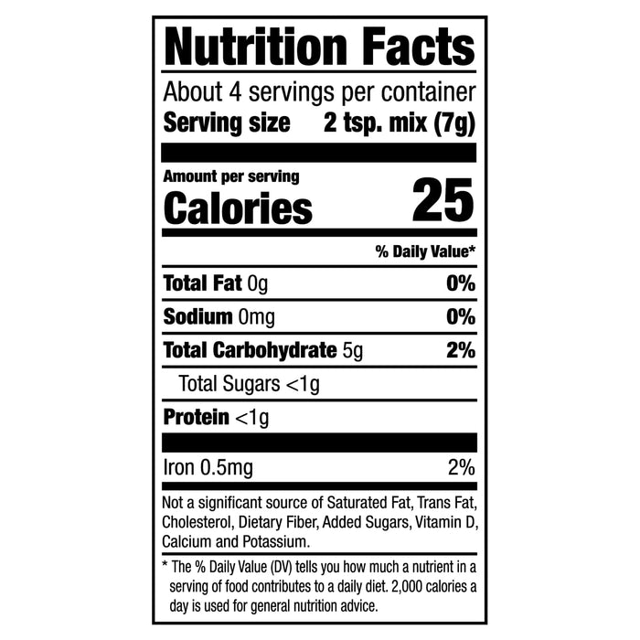 ['Nutrition facts label for a product with 25 calories per serving.']