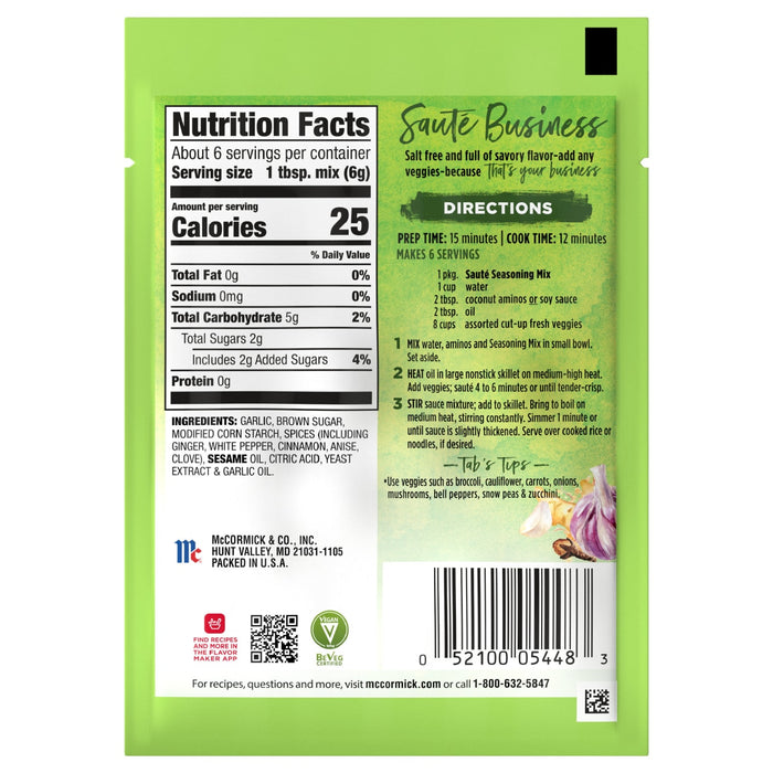 ['McCormick SautAC Seasoning Mix package with nutrition facts, directions, and ingredients.']