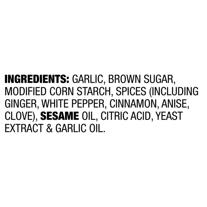 ['A list of ingredients for a product, including garlic, brown sugar, modified corn starch, spices, sesame oil, and garlic oil.']