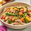 ['A bowl of soba noodles with sauteed vegetables and mushrooms.']