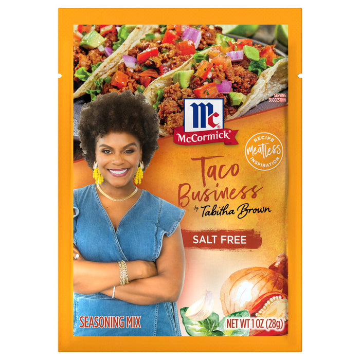 ['McCormick Taco Business by Tabitha Brown Salt Free Seasoning Mix package with a woman smiling and a taco on the front.']