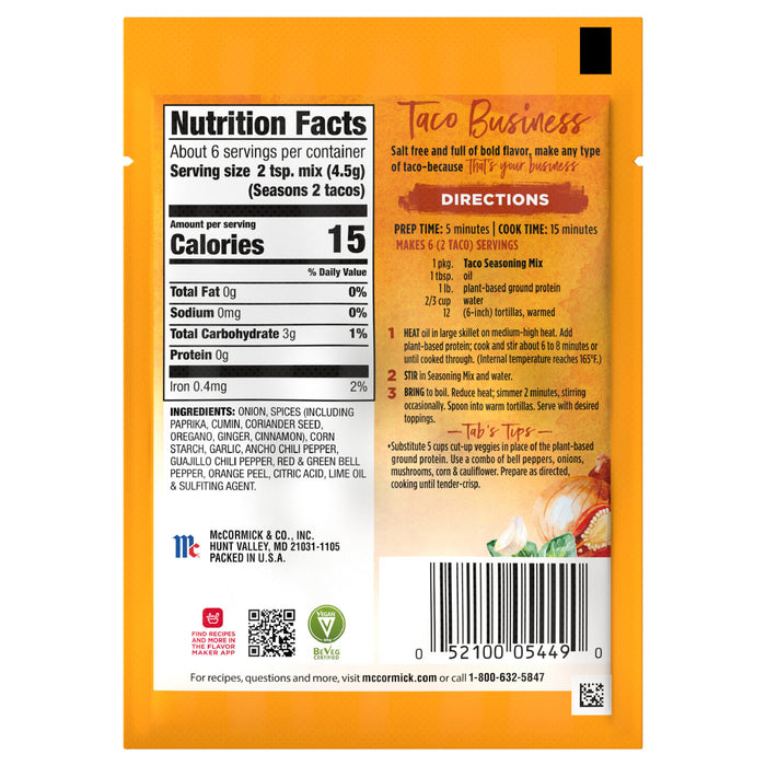 ['McCormick Taco Seasoning Mix package with nutrition facts, directions, and a vegan logo.']