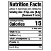 ['Nutrition facts label for a product that contains 15 calories per serving.']