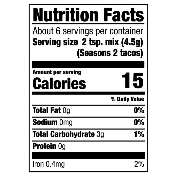 ['Nutrition facts label for a product that contains 15 calories per serving.']