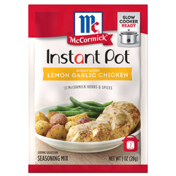 ['McCormick Instant Pot Lemon Garlic Chicken Seasoning Mix package with a serving suggestion of chicken, potatoes, and green beans.']