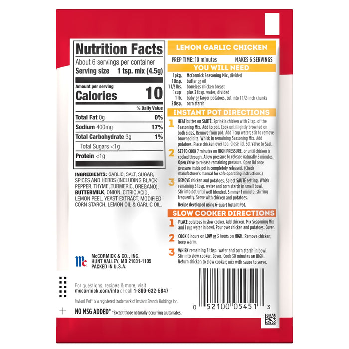 ['McCormick Lemon Garlic Chicken seasoning mix package with nutrition facts and instructions for Instant Pot and slow cooker.']