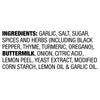 ['A list of ingredients for a product, including garlic, salt, sugar, spices, herbs, buttermilk, onion, citric acid, lemon peel, yeast extract, modified corn starch, lemon oil and garlic oil.']