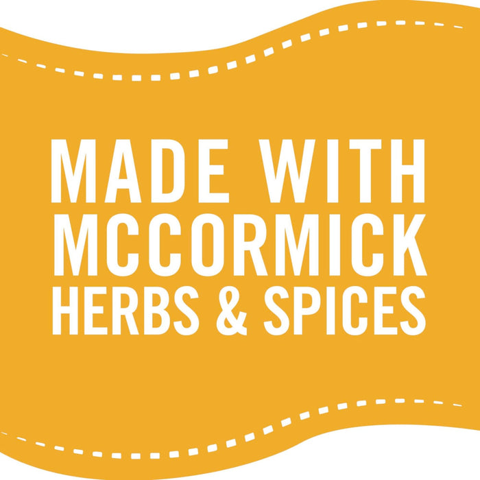['A yellow banner with a white dashed line border that says Made with McCormick Herbs &amp; Spices.']