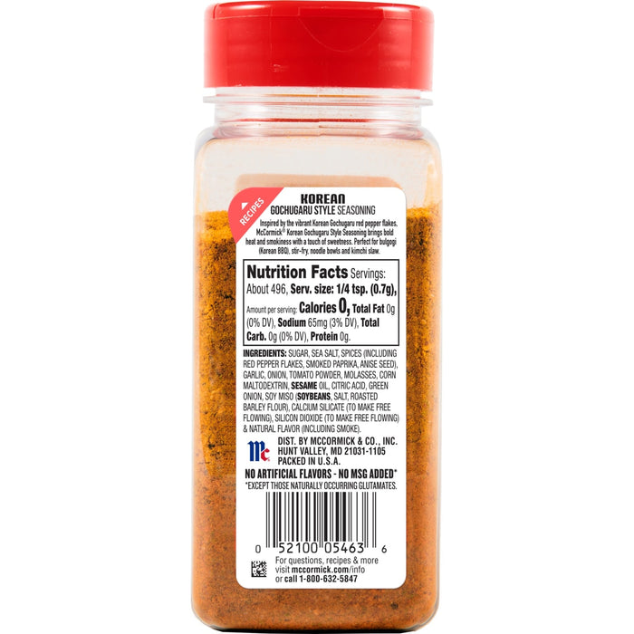 ['McCormick Korean Gochugaru Style Seasoning is a blend of spices that brings bold heat and smokiness with a touch of sweetness.']