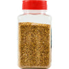 ['A glass jar with a red lid filled with dried herbs.']