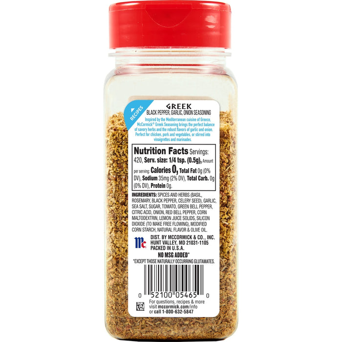 ['A McCormick Greek seasoning bottle with a red lid and a nutrition facts label.']
