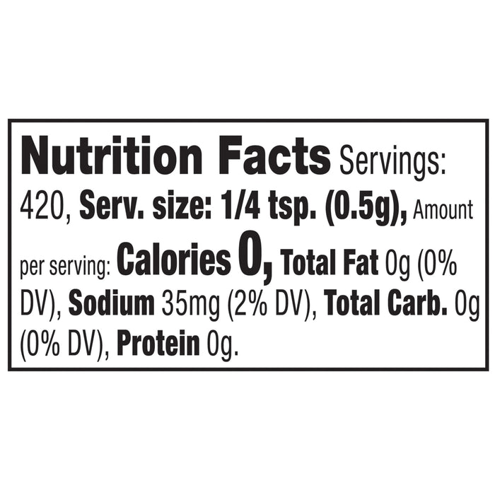 ['Nutrition facts label for a product with 0 calories per serving.']