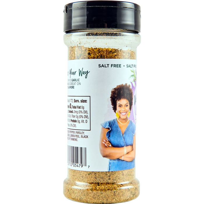 ['A bottle of salt-free seasoning blend called Your Way with a picture of a woman on the label.']