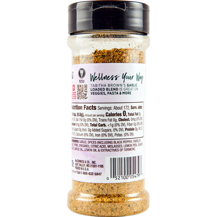 ["A container of McCormick &amp; Co. Tabitha Brown's Garlic Loaded Blend seasoning."]