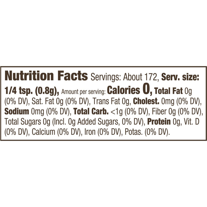 ['Nutrition facts for 1/4 teaspoon of the product, showing 0 calories and 0 grams of fat.']