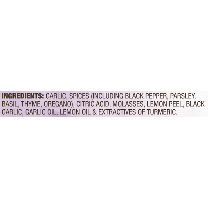 ['A list of ingredients for a product, including garlic, spices, citric acid, molasses, lemon peel, and more.']
