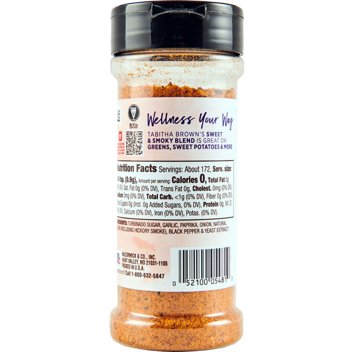 ["A jar of McCormick &amp; Co. Tabitha Brown's Sweet &amp; Smoky Blend seasoning."]