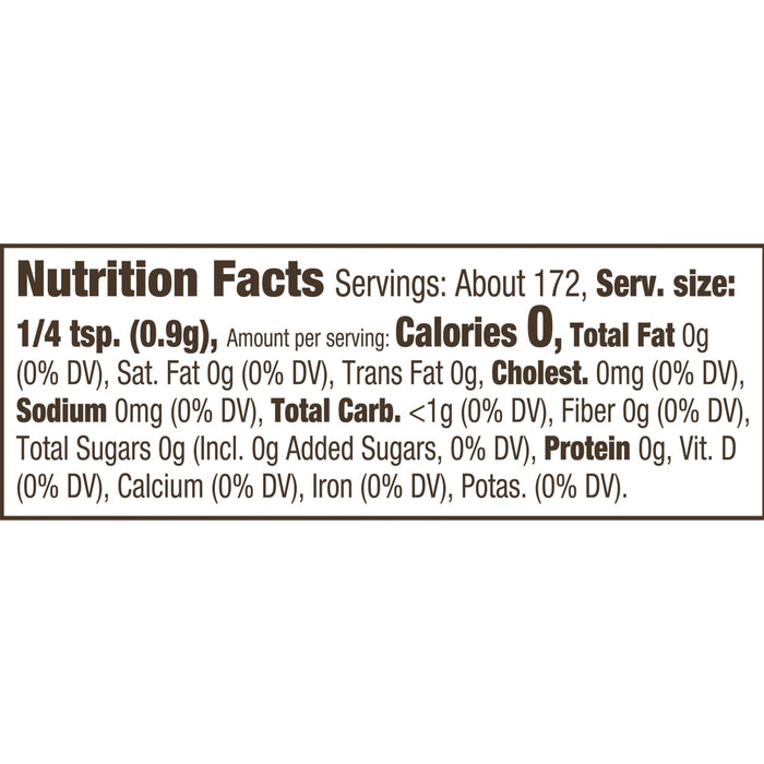 ['Nutrition facts label for a product with 0 calories and 0 grams of fat per serving.']