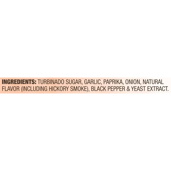 ['A list of ingredients for a product, including turbinado sugar, garlic, paprika, onion, natural flavor, hickory smoke, black pepper, and yeast extract.']