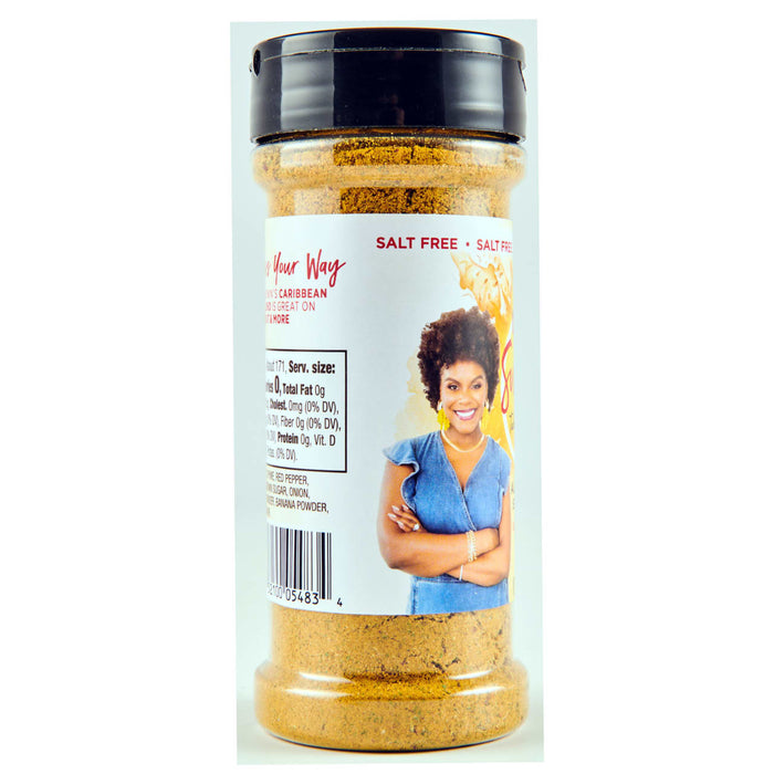 ['A bottle of salt-free Caribbean seasoning blend with a woman on the label.']