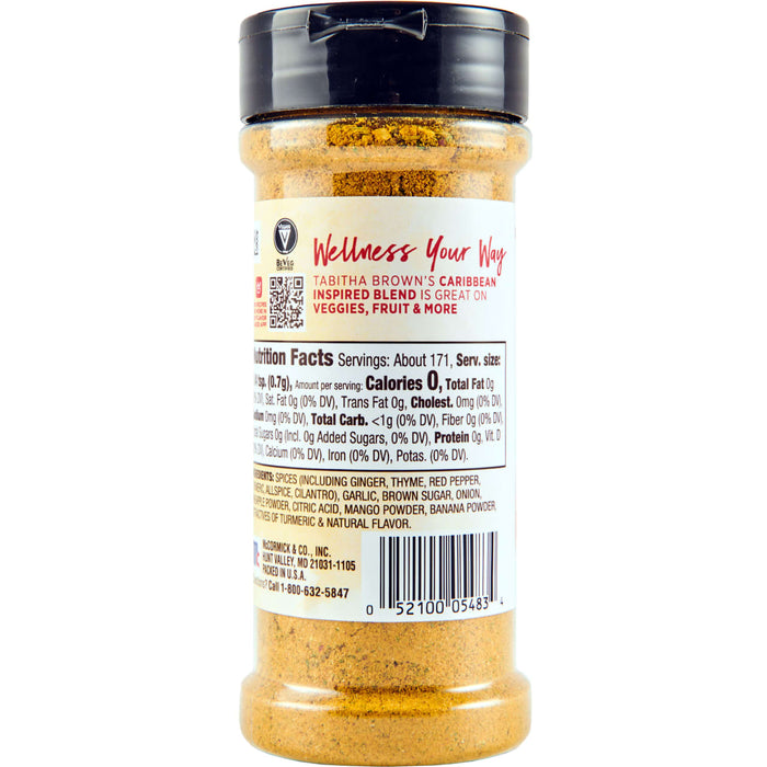 ["A jar of McCormick &amp; Co. Tabitha Brown's Caribbean Inspired Blend seasoning."]