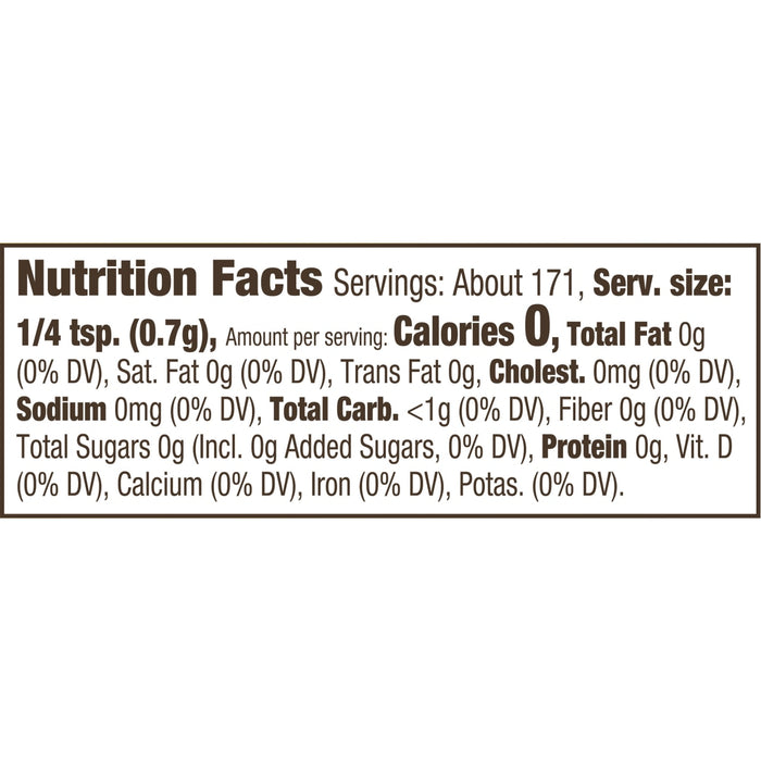['Nutrition facts for 1/4 teaspoon of the product, showing 0 calories and 0 grams of fat.']