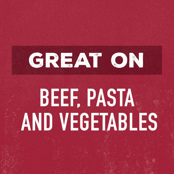 A red background with white text that reads Great on Beef Pasta and Vegetables.