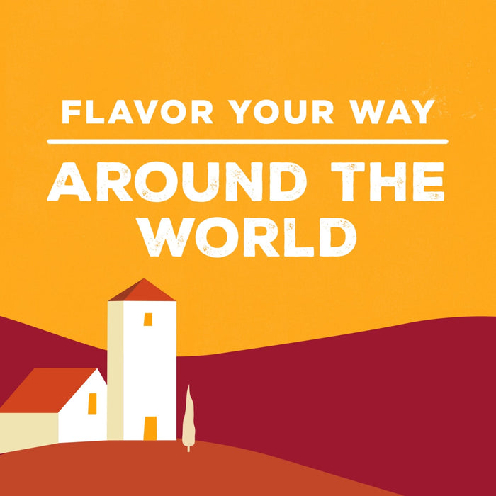 An illustration of a white building with a red roof and a tree in front of it with the text Flavor Your Way Around The World above it.