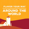 An illustration of a white building with a red roof and a tree in front of it with the text Flavor Your Way Around The World above it.