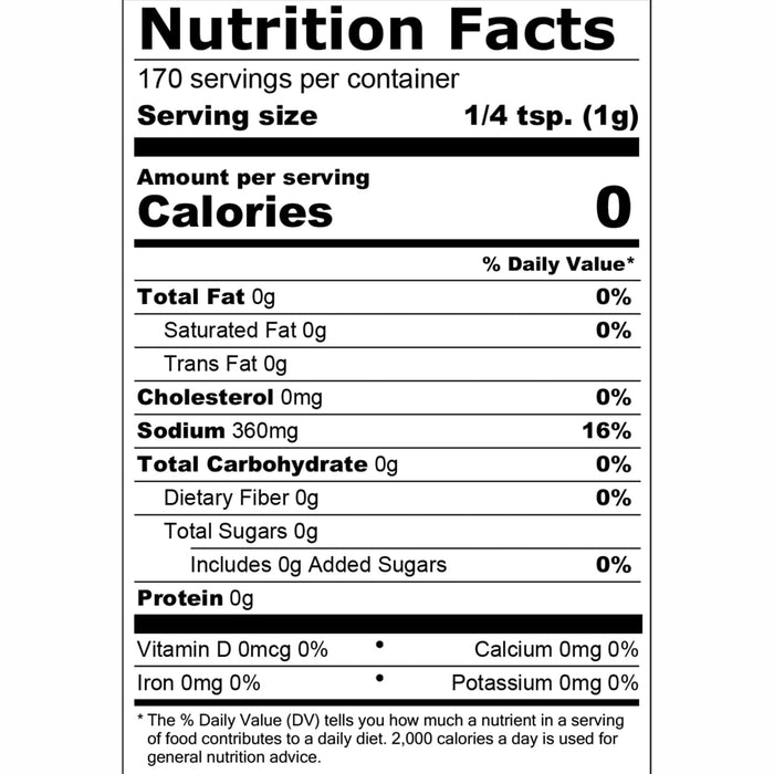 A nutrition facts infographic for Mccormick Salt Himalayan Pink 6.03 Oz showing zero calories and 360 milligrams of sodium per serving.