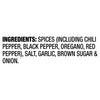 A list of ingredients for a product including spices chili pepper black pepper oregano red pepper salt garlic brown sugar and onion.