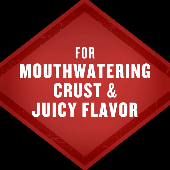 A red diamond-shaped sign with the words For Mouthwatering Crust &amp; Juicy Flavor in white text.