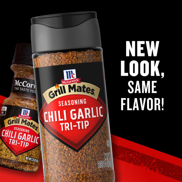 Two bottles of McCormick Grill Mates Chili Garlic Tri-Tip seasoning are shown with the text New Look Same Flavor!
