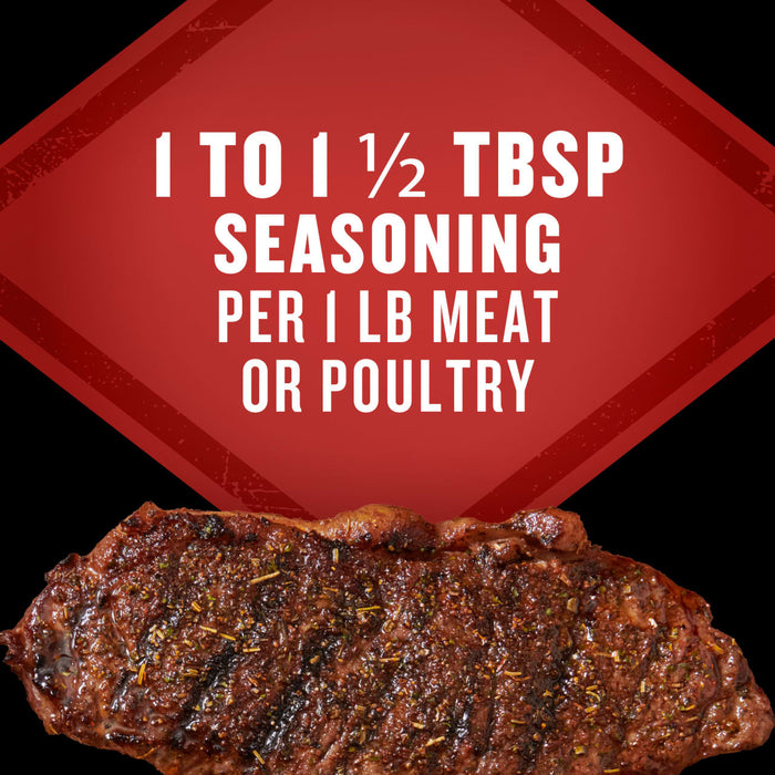 A seasoned steak is displayed with a red banner indicating the recommended seasoning amount of 1 to 1 1/2 tbsp per 1 lb of meat or poultry.