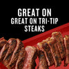 A close-up of sliced tri-tip steaks with the text Great on Tri-Tip Steaks above.