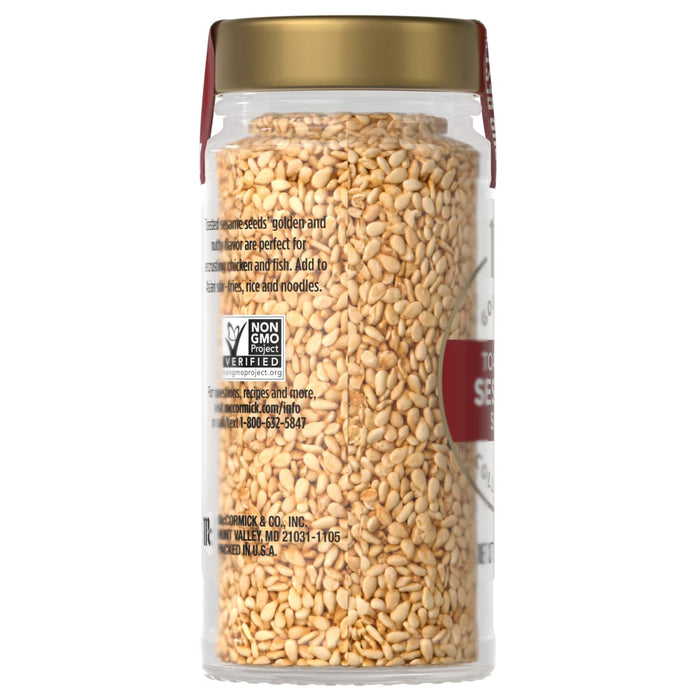 A glass jar of McCormick Gourmet Toasted Sesame Seeds.