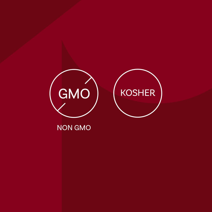 The image displays the Non-GMO and Kosher certification logos.