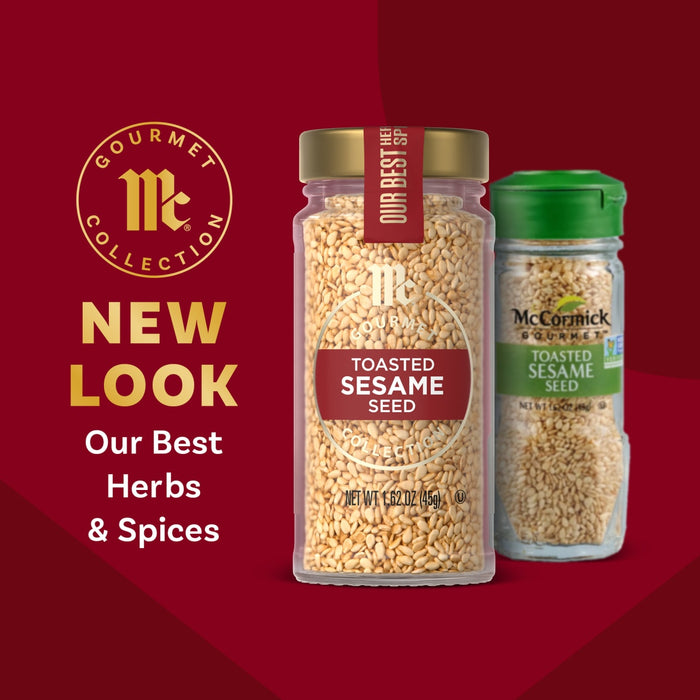 A new look for McCormick Gourmet Collection herbs and spices, featuring a jar of sesame seeds.