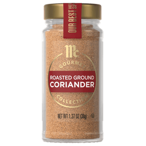 A bottle of McCormick Gourmet Roasted Ground Coriander.