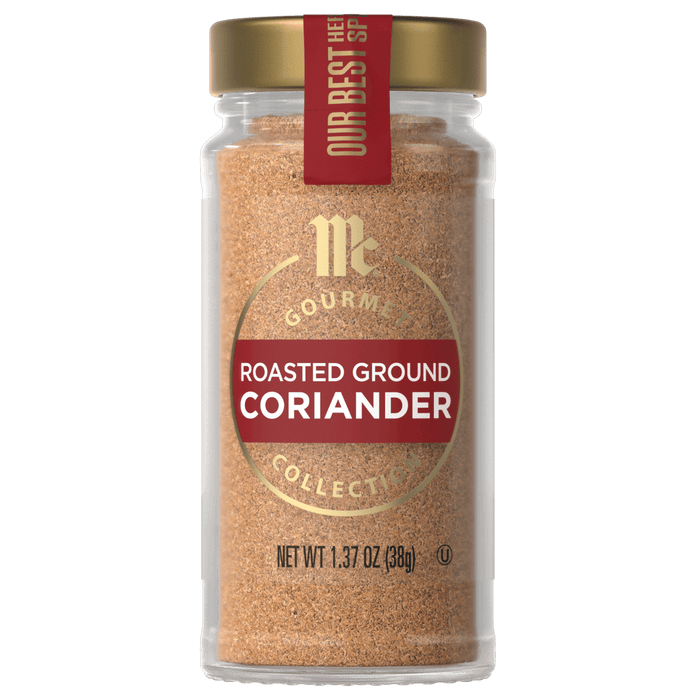 A bottle of McCormick Gourmet Roasted Ground Coriander.