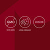 The image displays three certification icons: Non-GMO, USDA Organic, and Kosher, indicating the product meets these standards.