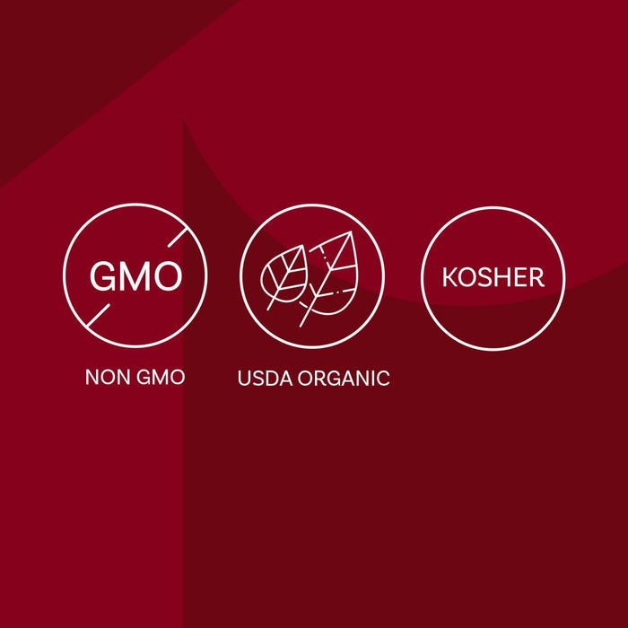 The image displays three certification icons: Non-GMO, USDA Organic, and Kosher, indicating the product meets these standards.