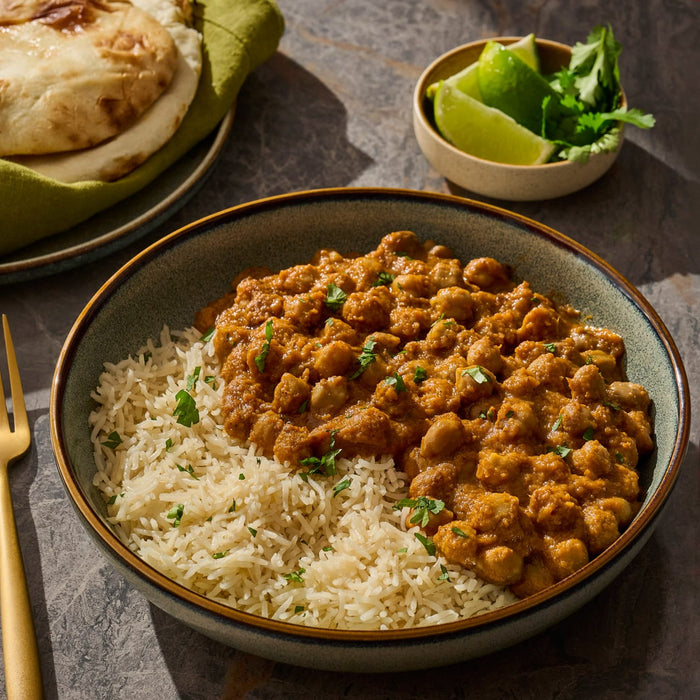 A bowl of chickpea curry served over rice with lime wedges and flatbread.