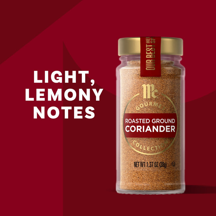 McCormick Roasted Ground Coriander is shown in a spice jar, highlighting its light, lemony notes.