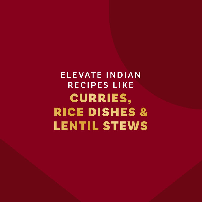 A maroon-colored graphic with text that reads Elevate Indian recipes like curries, rice dishes &amp; lentil stews.