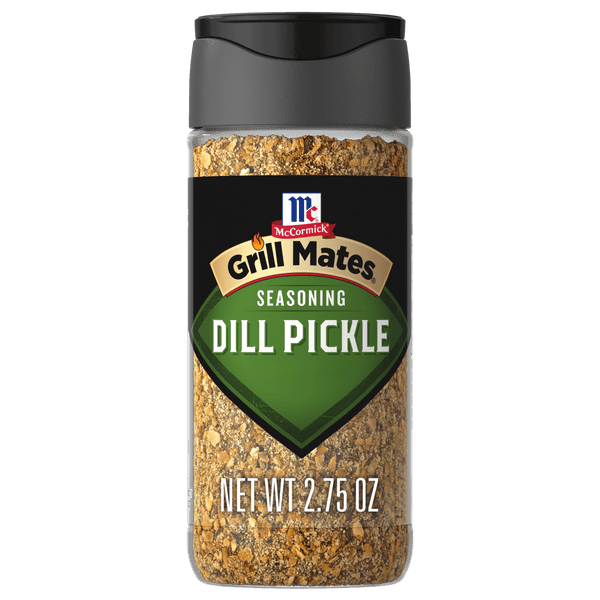 A bottle of McCormick Grill Mates Dill Pickle Seasoning.