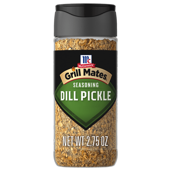 A bottle of McCormick Grill Mates Dill Pickle Seasoning.
