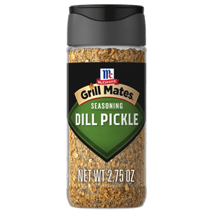 A bottle of McCormick Grill Mates Dill Pickle Seasoning.