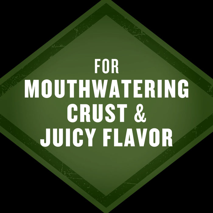 A green diamond shape with the text For Mouthwatering Crust &amp; Juicy Flavor in white.